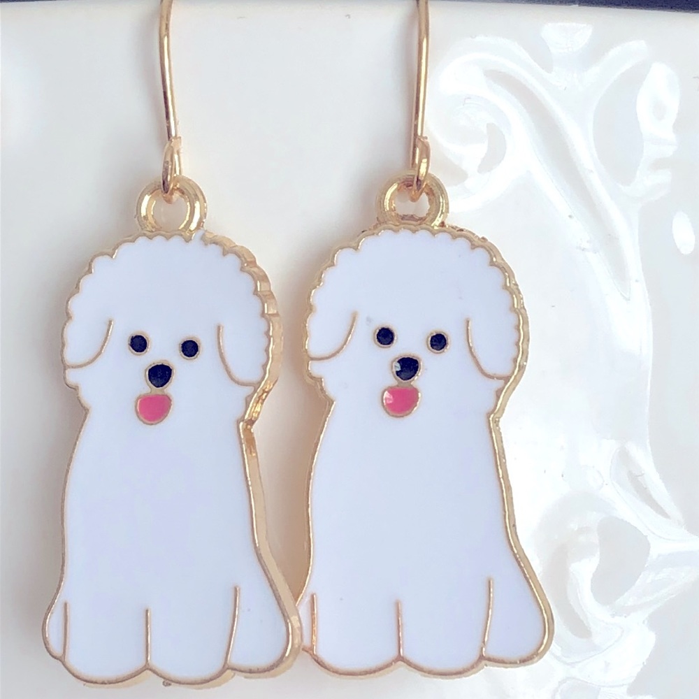 New Fluffy Puppy Dog Dangling Enamel Handmade Earrings White Poodle Terrier Gift